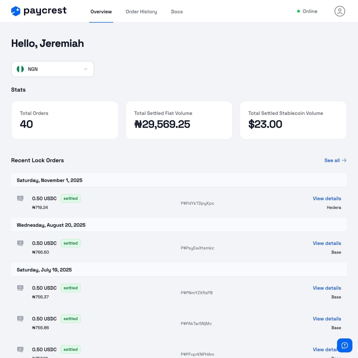Paycrest Dashboard screenshot